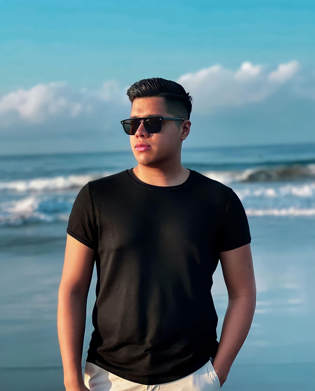 men, beach, portrait, outdoors, water, nature, landscape, sea, ocean, fashion, good looking, mexican man, pose, model, black shirt, t shirt, black t-shirt, darling, sunglasses, latin, homosexual, pride, blue, gay man